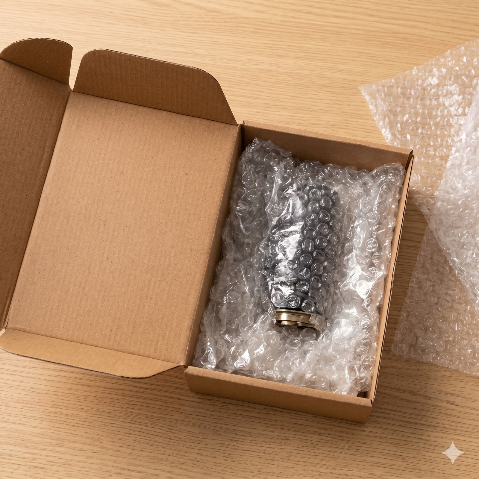 Bottle hand-wrapped in bubble wrap inside a kraft carton with loose plastic film beside it