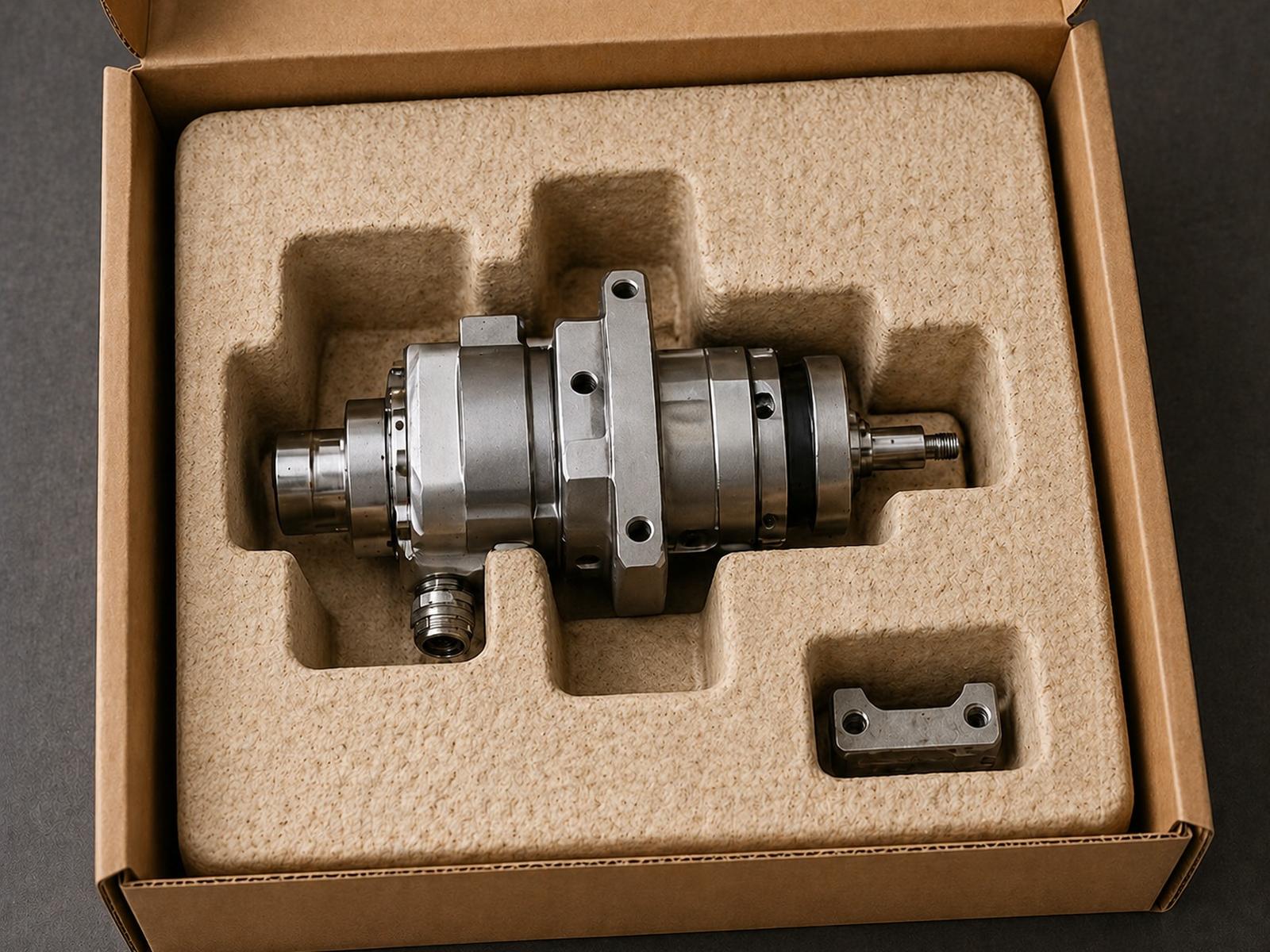 Industrial gearbox seated in a precision-molded mycelium cavity inside a corrugated carton