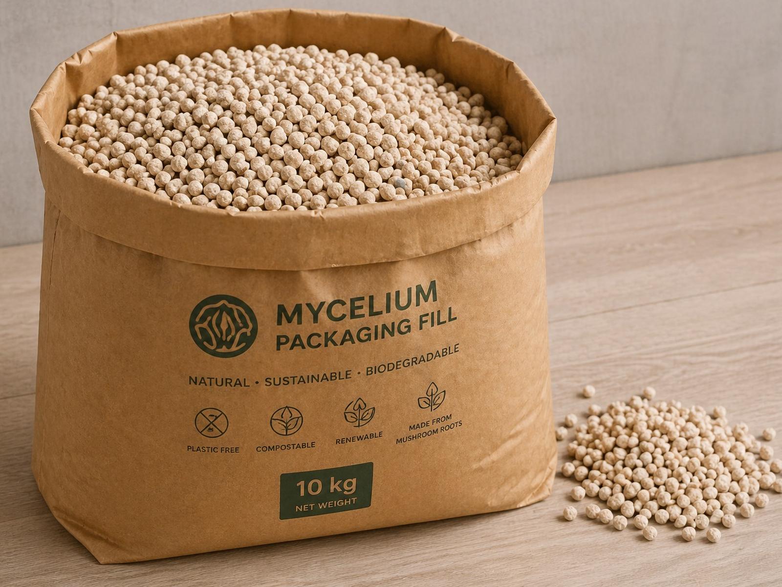 A 10 kg kraft paper bag of GlassTransit mycelium packaging fill labelled Plastic Free, Compostable, Renewable, Made from Mushroom Roots, with a pile of loose pellets beside it