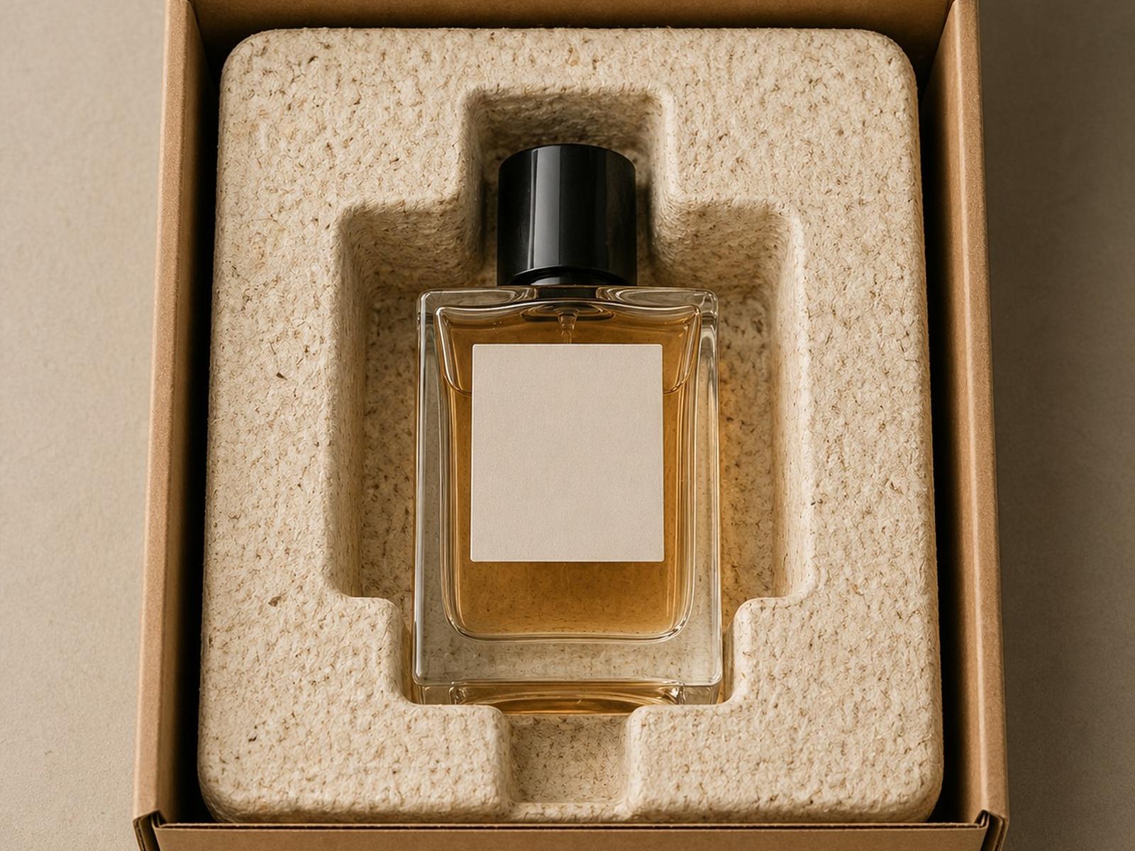 Glass essence bottle with cork stopper nested in a precision-molded mycelium cavity inside a kraft carton