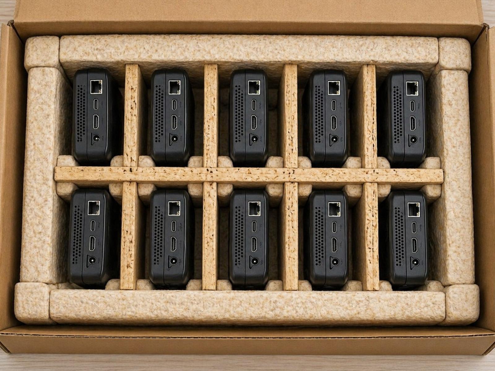Carton with ten electronic modules arranged in a strip-based mycelium partition tray